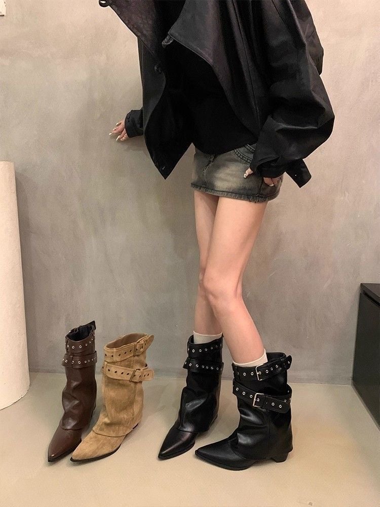 Pointed Toe Chunky Heel Ankle Boots