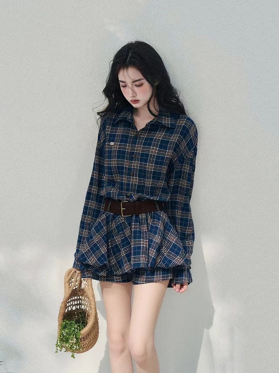 Polo Collar Plaid Shirt Dress 3-piece Set