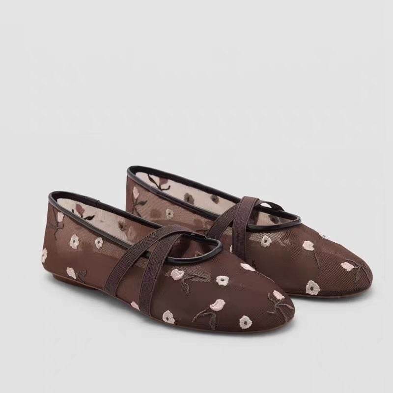 Floral Embroidered Mesh Ballet Flats