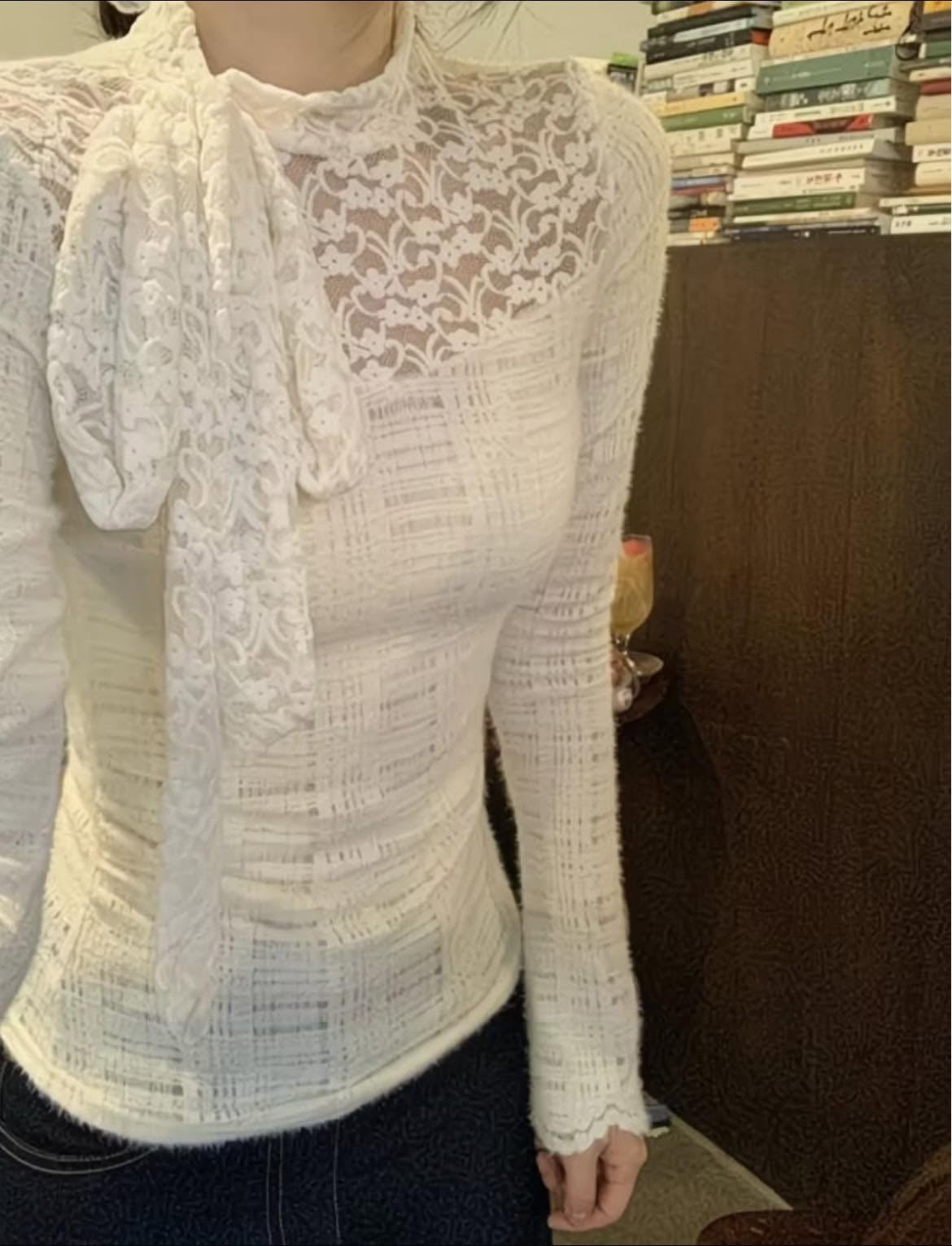 Cream Apricot Fleece-lined Lace Top