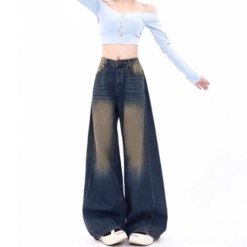Cement Gray Washed Wide Leg Jeans