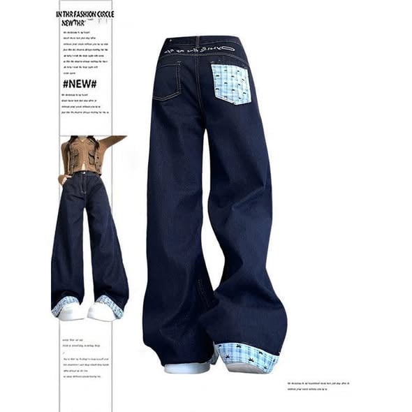 Embroidery Patchwork Pants with Cuffed Hem