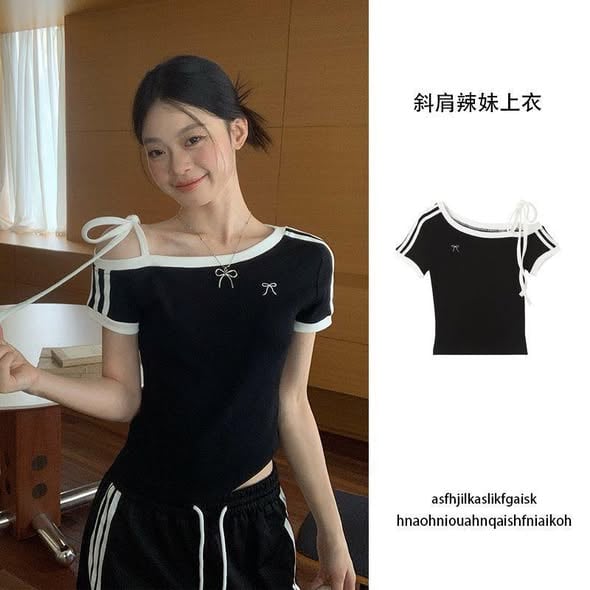 Off-shoulder Tie Strap Short Sleeve Shirt