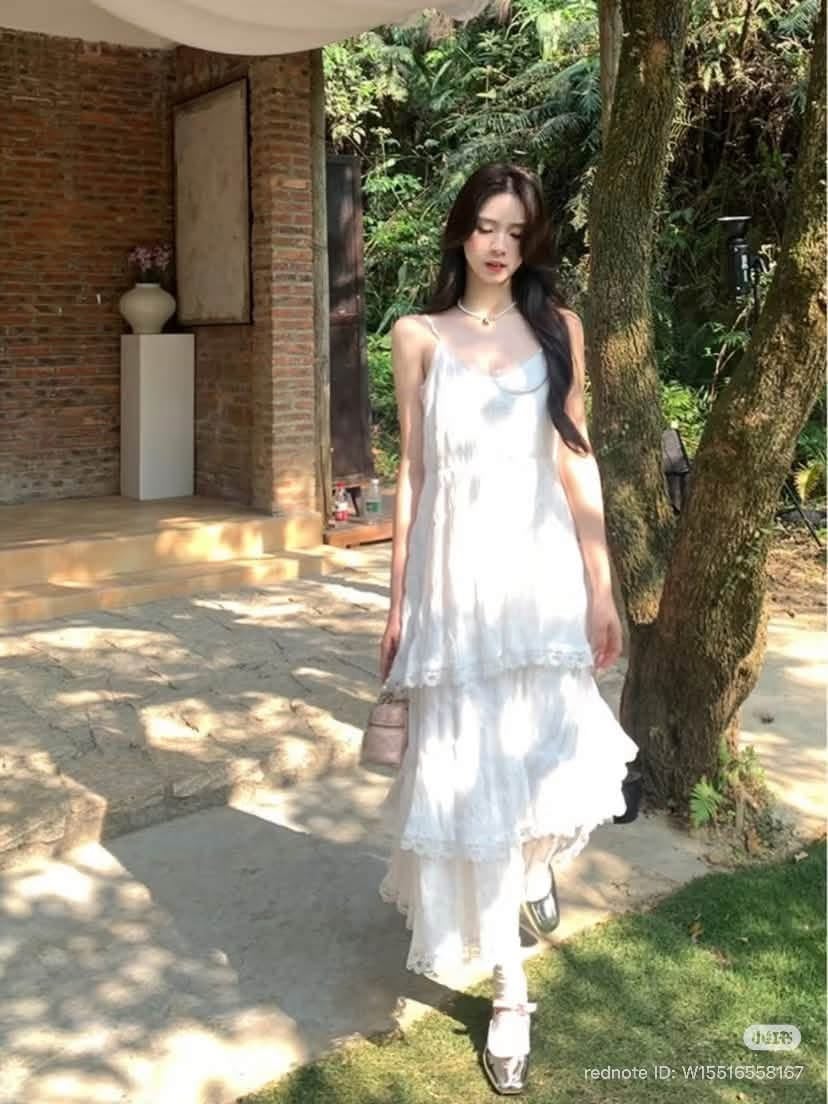 Summer Lace Trim Cake Strappy Dress