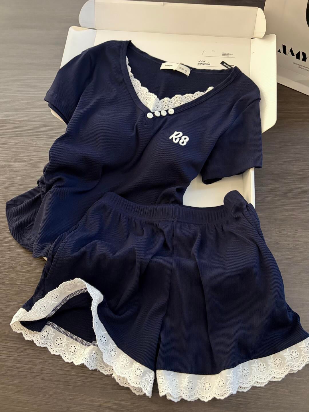 RS Navy Blue Short Sleeve + Shorts Set (with bra padding)