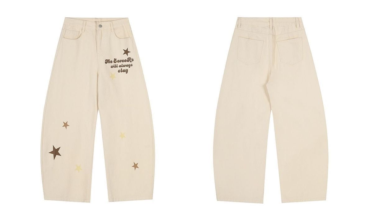 Khaki Star-printed Loose Fit Wide Leg Jeans