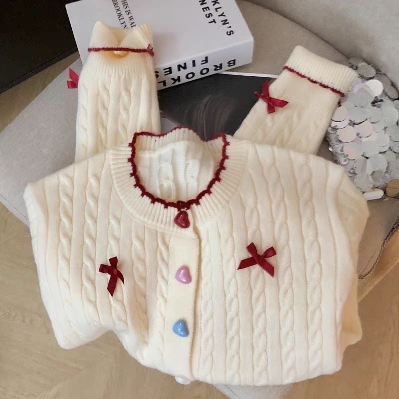Braided Pattern Sweater Cardigan with Bows