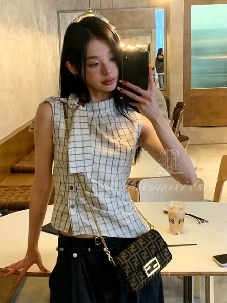 Plaid High Neck Tie Sleeveless Top