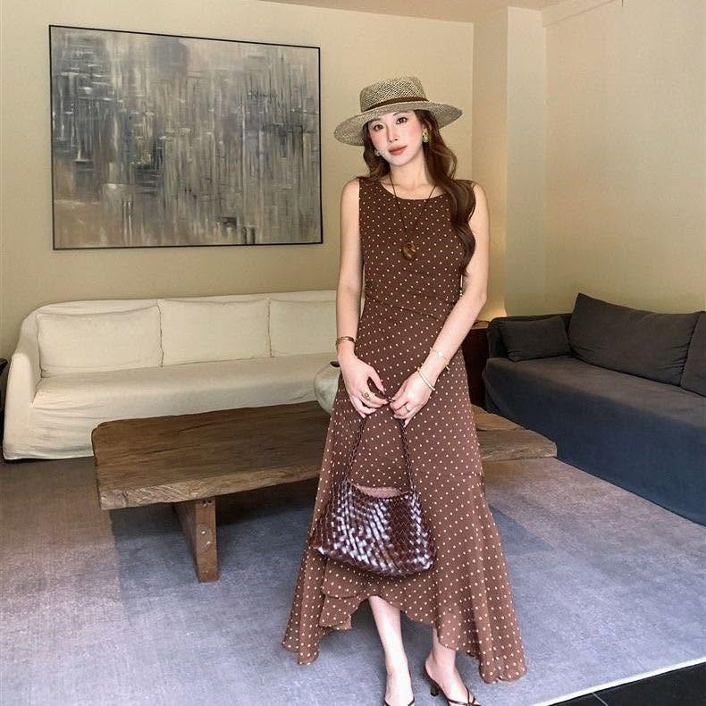 Vintage Brown Polka Dot Dress with Irregular Hem