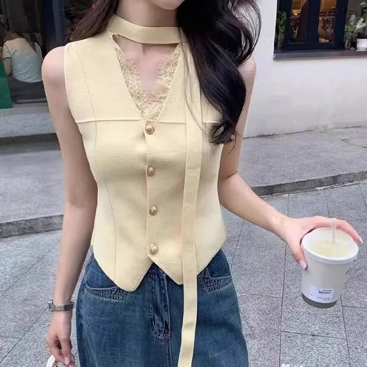 V-Neck Lace Trimmed Top