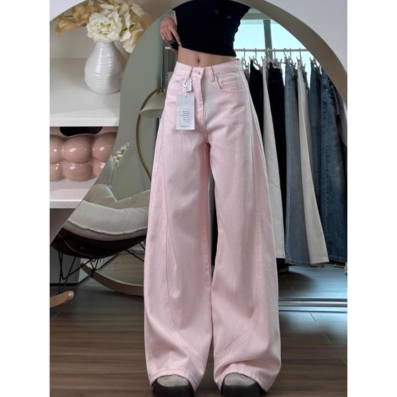 Cherry Pink Curved Knife Wide-leg Jeans