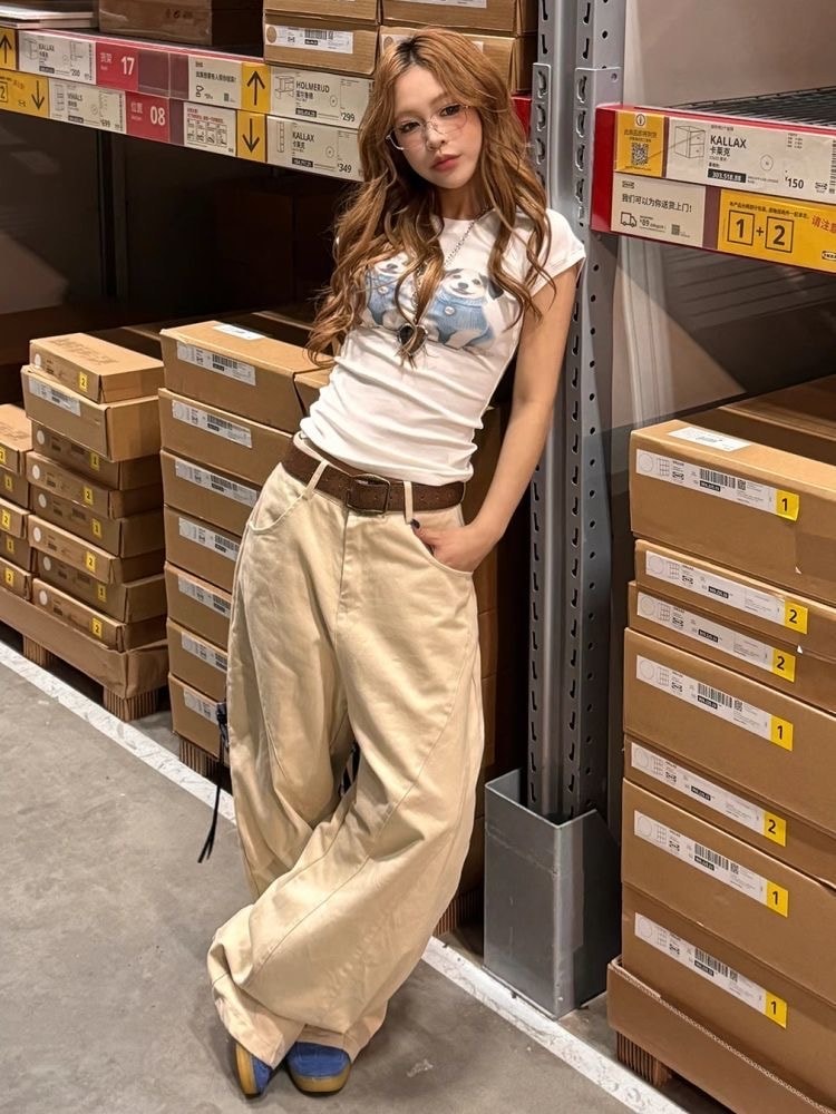 Khaki Star Letter Embroidery Baggy Jeans with Curved Blade Hems