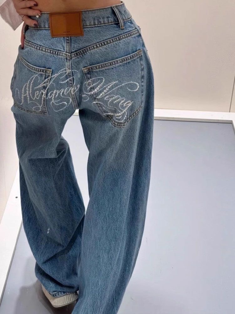 Washed Rhinestone Curved Hem Wide Leg Jeans