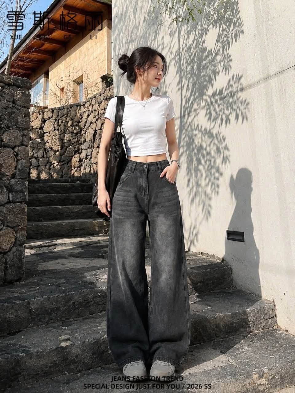 High-waisted Black-Gray Wide Leg Jeans
