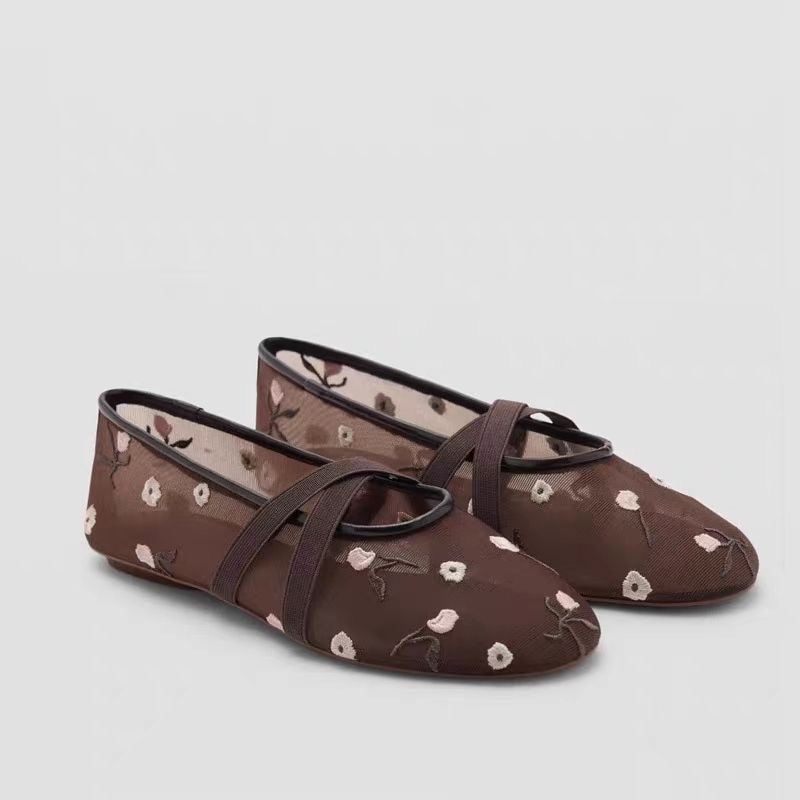 Floral Embroidered Mesh Ballet Flats