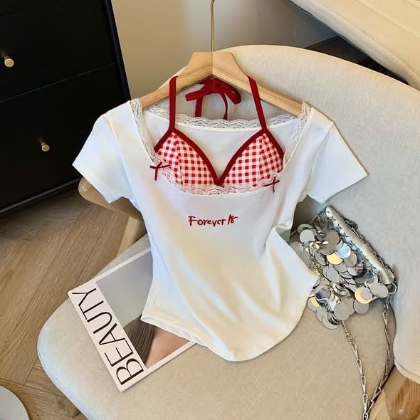 Faux Two-piece Halter Neck Tie Shirt
