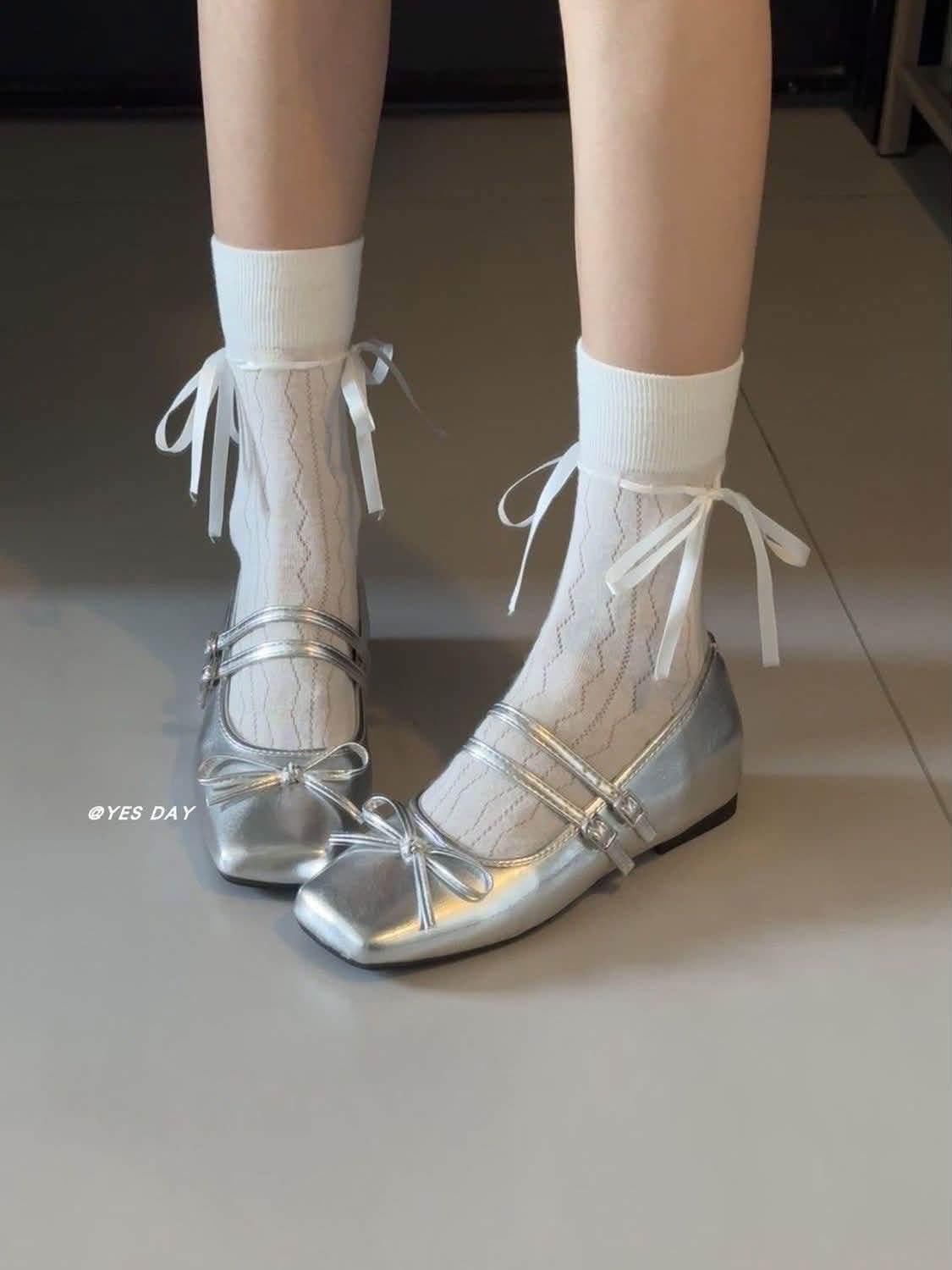 Silver Mary Jane Flats with Bow Details