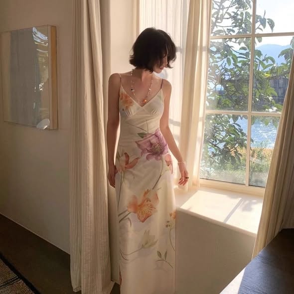 French-style Elegant Mesh Printed Spaghetti Strap Dress