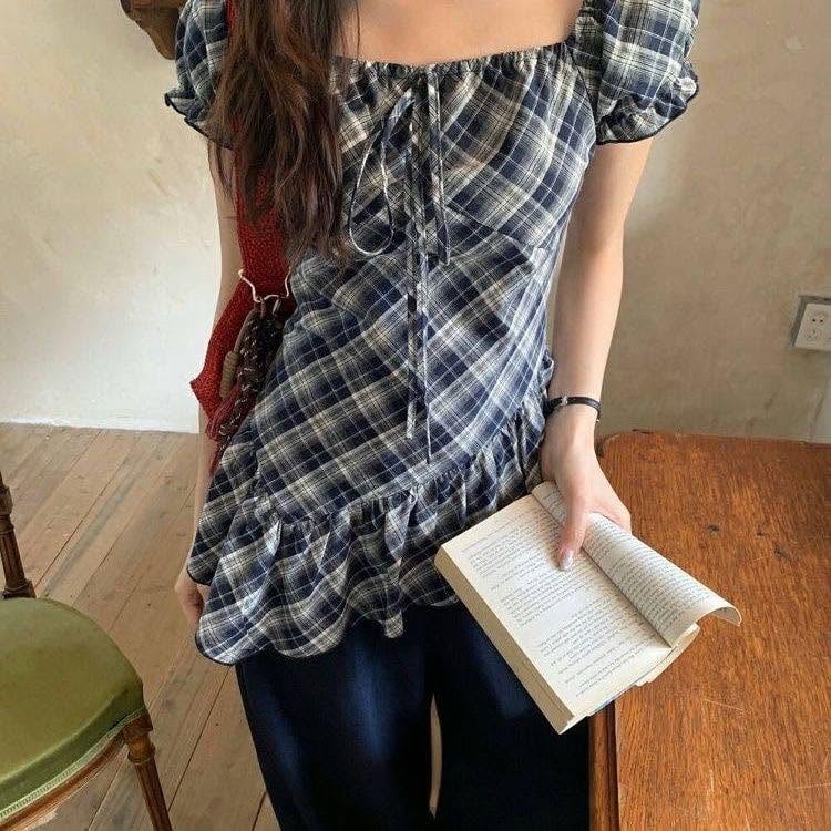 Square Neck Puff Sleeve Plaid Shirt with Irregular Hem