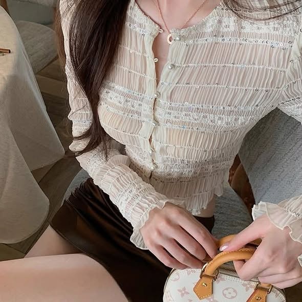 Sequin Pleated Long Sleeve Lace Blouse
