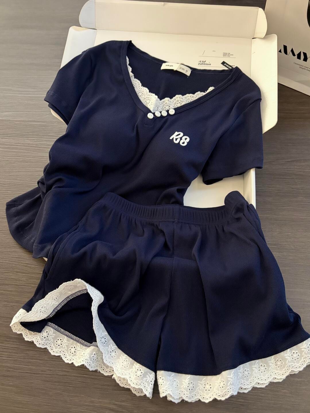 RS Navy Blue Short Sleeve + Shorts Set (with bra padding)
