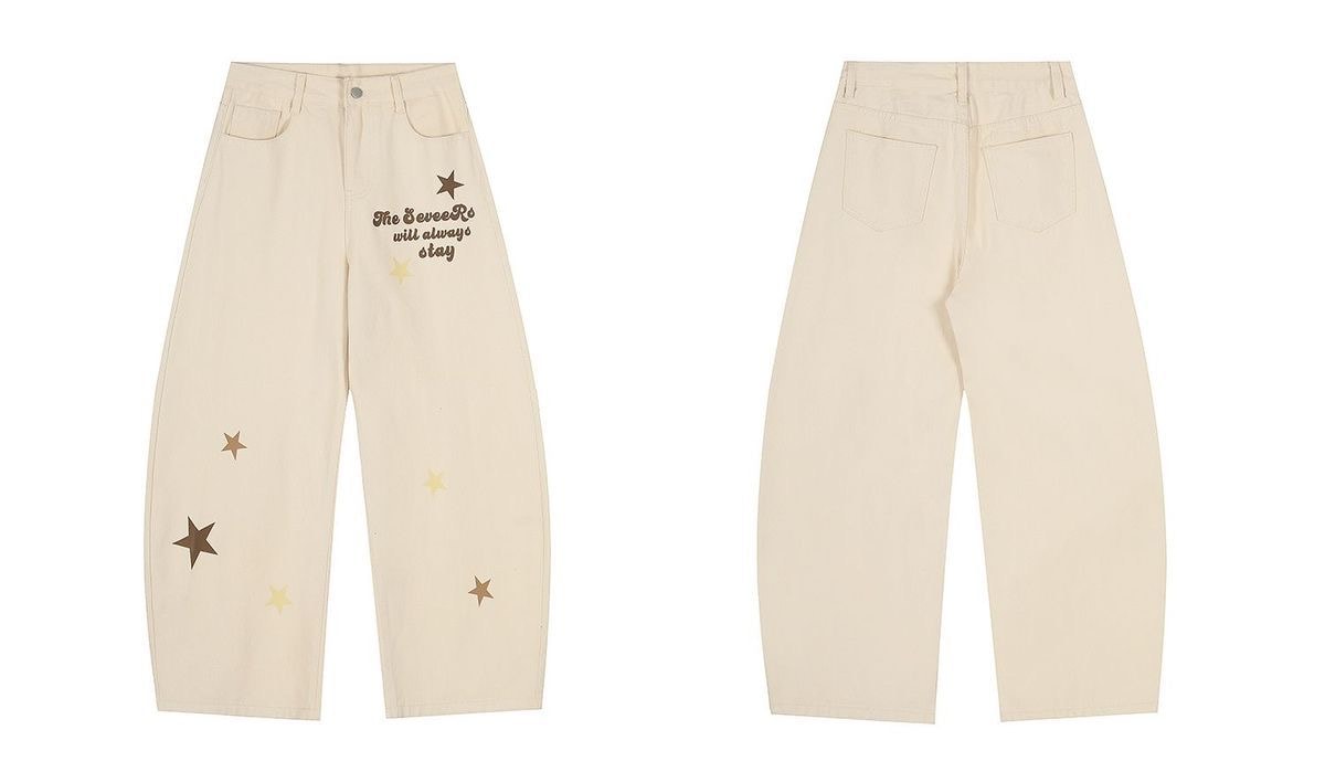 Khaki Star-printed Loose Fit Wide Leg Jeans