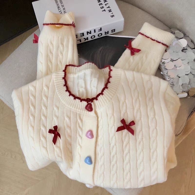 Braided Pattern Sweater Cardigan with Bows